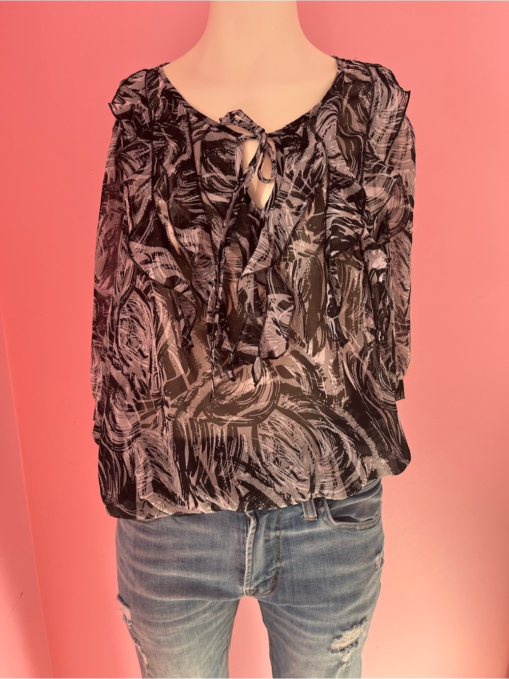 Marina Luna Black & White Swirl Print Tie-Neck Blouse